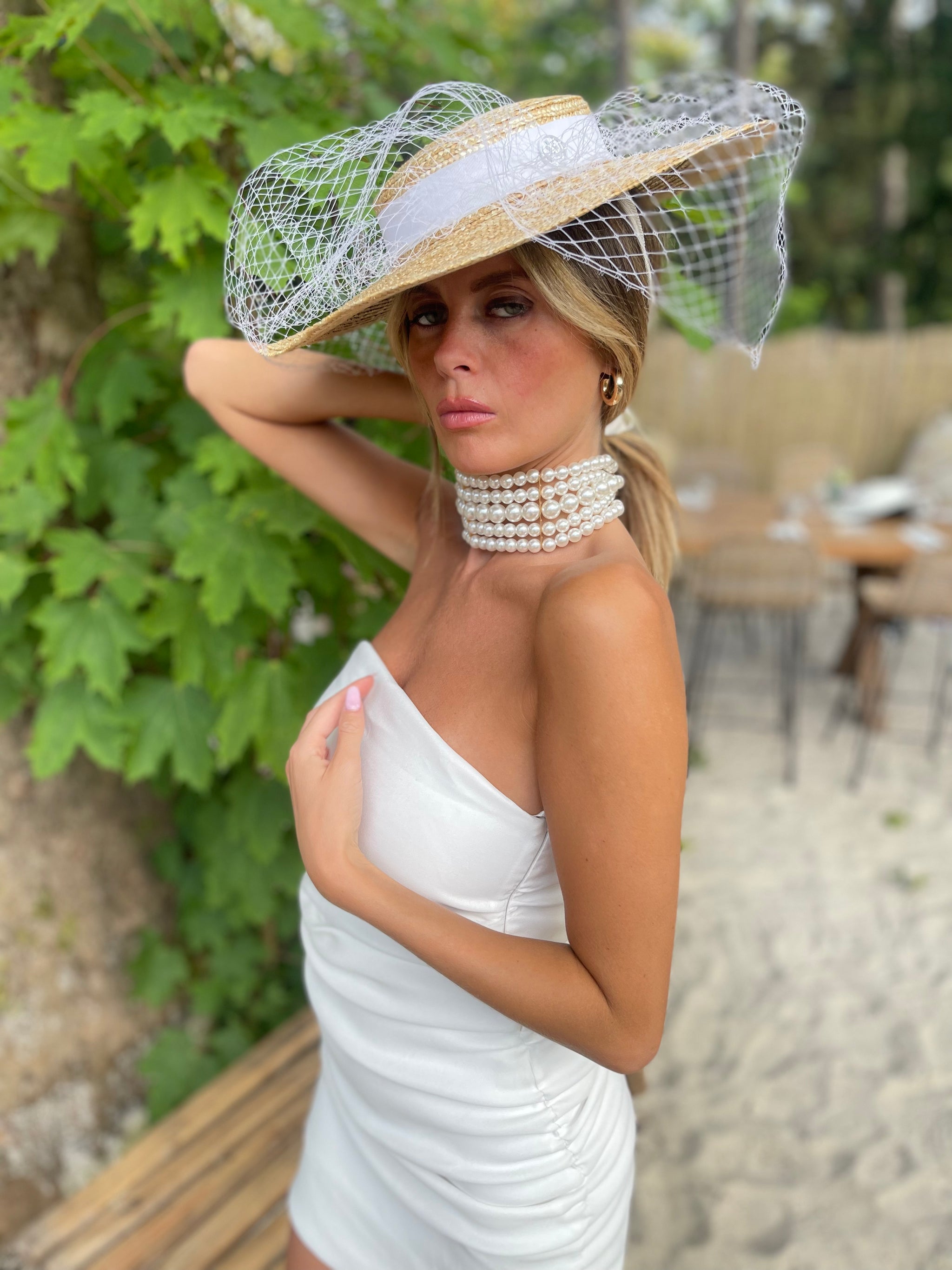 Collier Ras Du Cou Choker Large Strass Perle Blanc - Style Art Déco, Neuf Sans Emballage