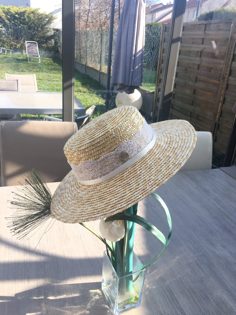 canotier a bords large. modele Clara accessoires chapeau paille chapeau dentelle mariage wedding juif tsniout chapeau blanc femme