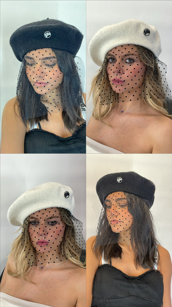 beret camille. beret voilette blanc noir. beret laine chapeau voilette mariage bar mitzva accessoires