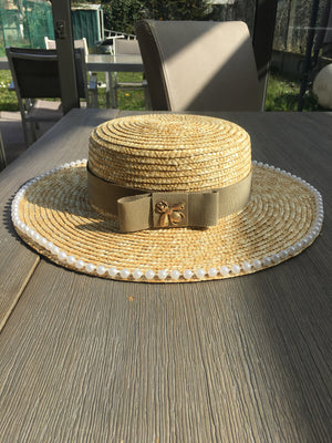 Ouvrir l&#39;image dans le diaporama, chapeau canotier paille chapeau perlé canotier perlé gucci femme accessoires mariage wedding juif tsniout chapeau classe chapeau Joya
