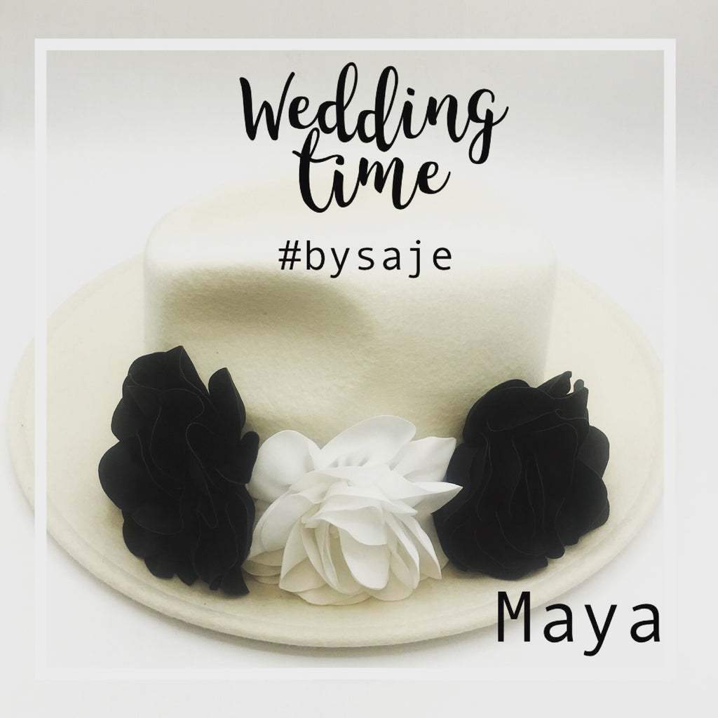 chapeau mariage chapeau juif chapeau Maya personnalisation customisé chapeau blanc chapeau fleur noir et blanc accessoires